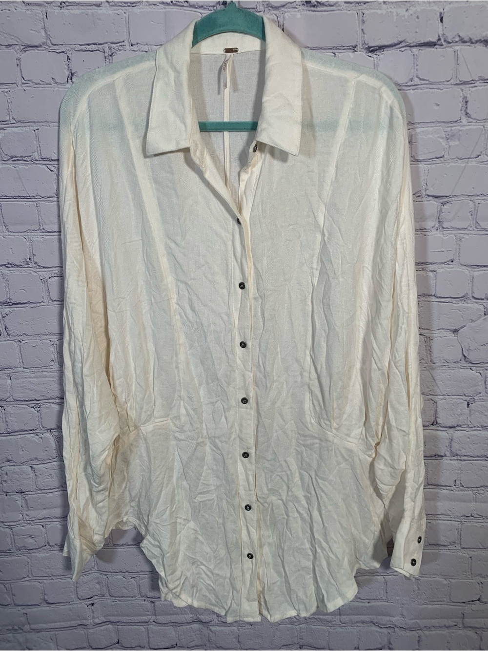 Free People Womens Ivory Button Down Shirt Oversized Longer Length Sz L Minimal